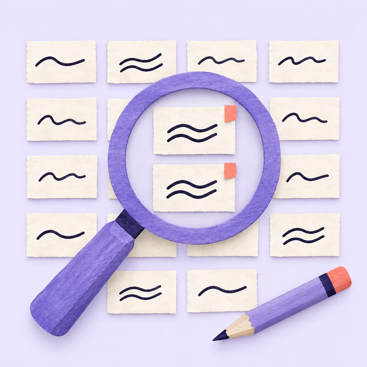 A magnifying glass finding repeated writing patterns